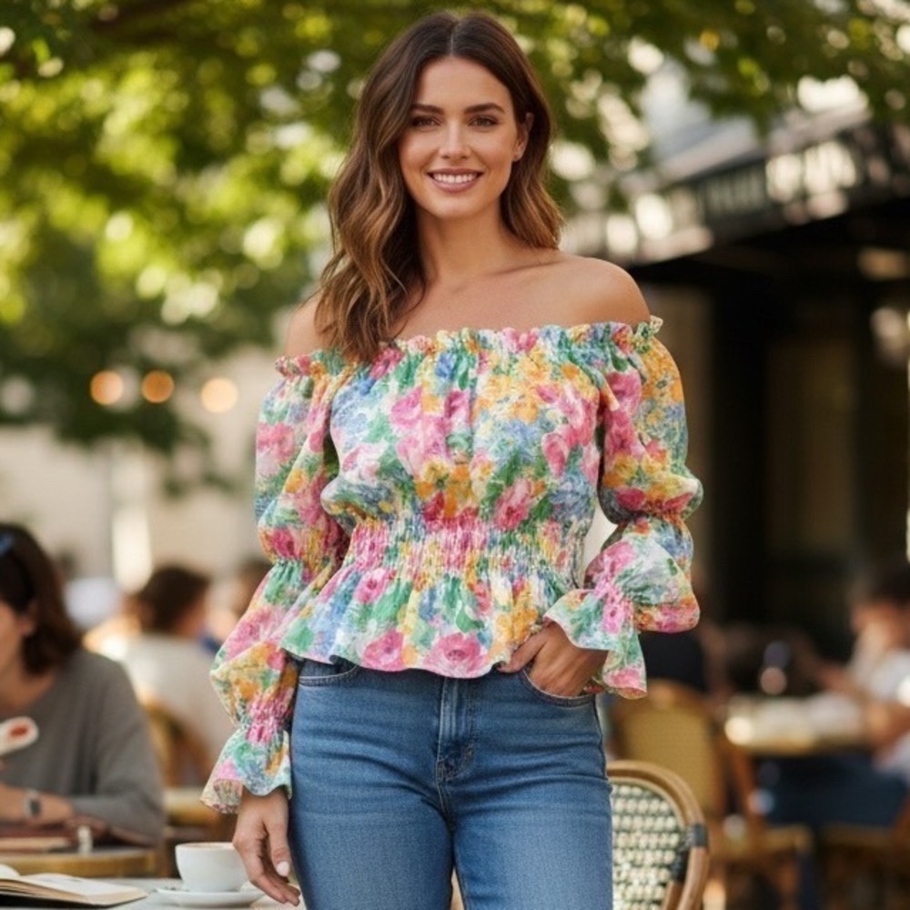 WAYF Watercolor Floral Off-the-Shoulder Ruffle Smocked Peplum Top Medium NWT